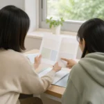 보건소 예방접종 안내문을 함께 보며 지원 대상 여부를 확인하는 보호자와 청소년