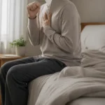 잠자리에 들려는 사람이 침대에 앉아 손으로 가슴 위쪽을 누르며 마른기침을 하는 모습