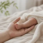 신생아의 다리를 손바닥으로 가볍게 감싸고 있는 보호자의 손