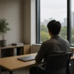 책상 앞에 앉아 노트북을 덮고 창밖을 무표정하게 바라보는 직장인의 모습