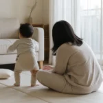 거실 매트 위에서 아이가 일어서려 하고 부모가 옆에 앉아 아이의 움직임과 눈맞춤을 지켜보는 모습