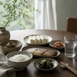 식탁 위에 놓인 물 한 잔과 두부, 생선, 채소가 담긴 아침 식사 한 상