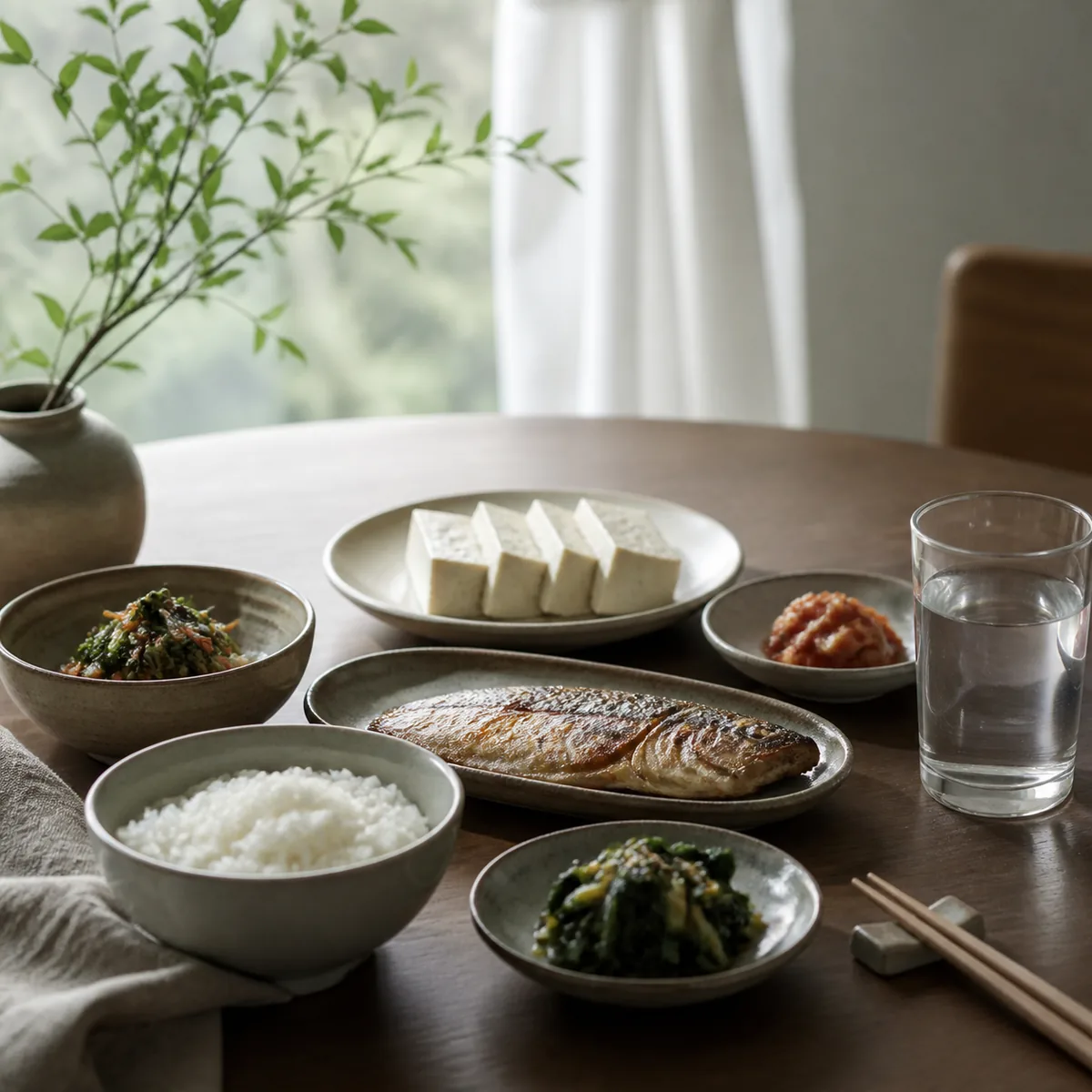 식탁 위에 놓인 물 한 잔과 두부, 생선, 채소가 담긴 아침 식사 한 상