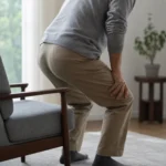 중년 남성이 의자에서 일어서며 허벅지에 손을 짚고 다리 힘을 확인하는 모습