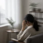 관자놀이를 손으로 누르며 눈을 감고 앉아 있는 사람과 흔들리는 시야를 표현한 배경