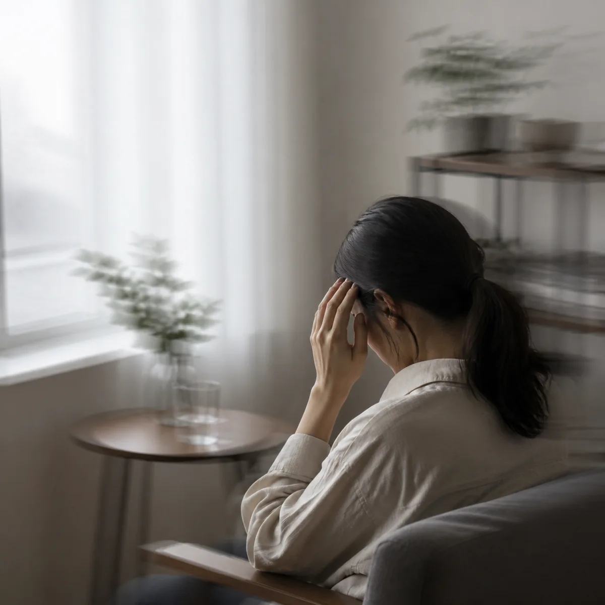 관자놀이를 손으로 누르며 눈을 감고 앉아 있는 사람과 흔들리는 시야를 표현한 배경
