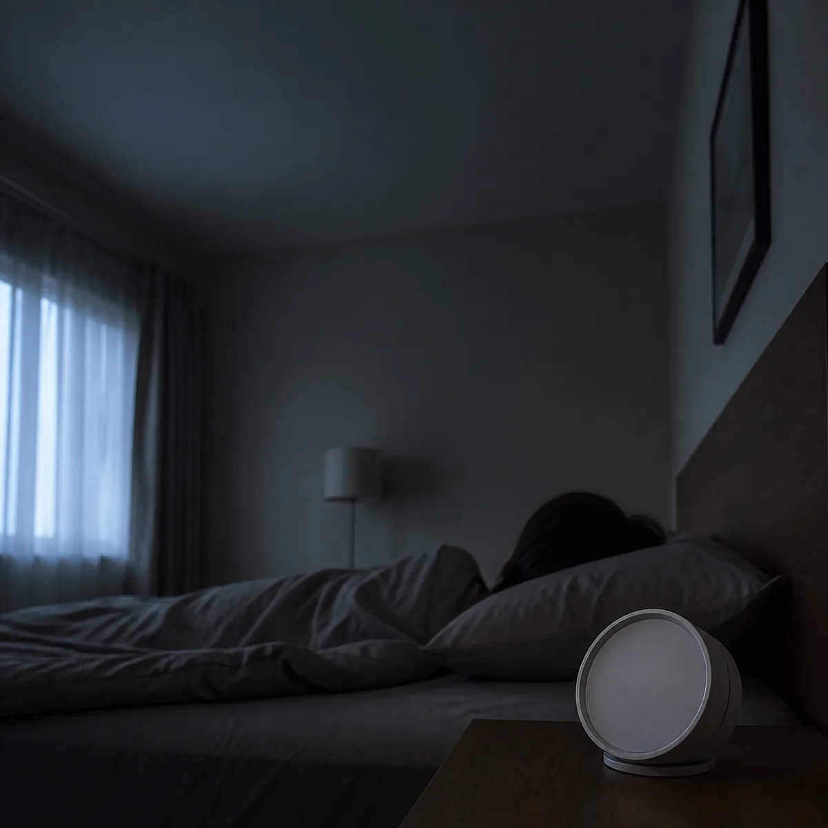 침대에 누워 어두운 방 천장을 바라보는 사람과 머리맡 탁자에 놓인 시계