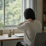 책상 앞에서 목과 어깨를 짚으며 창밖을 바라보는 사람의 모습