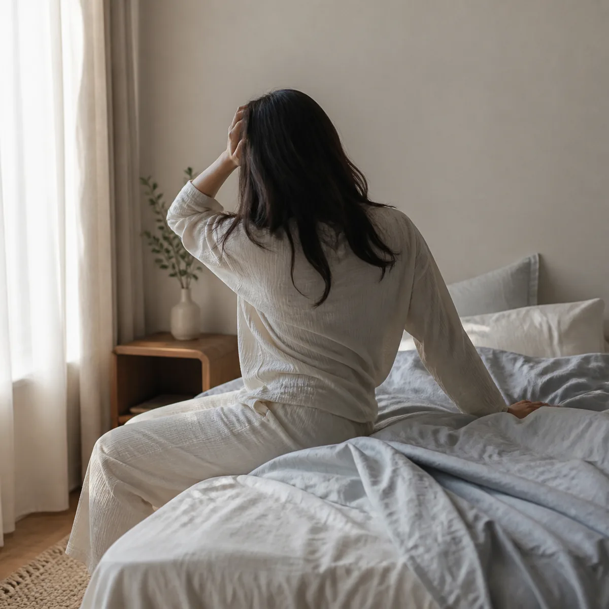 침대에서 일어나며 한 손으로 머리를 짚고 어지럼을 느끼는 사람의 모습