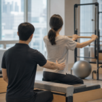 부산 도심 건물 안 재활운동 공간에서 운동지도자가 성인 회원의 자세를 옆에서 살펴보며 설명하는 장면