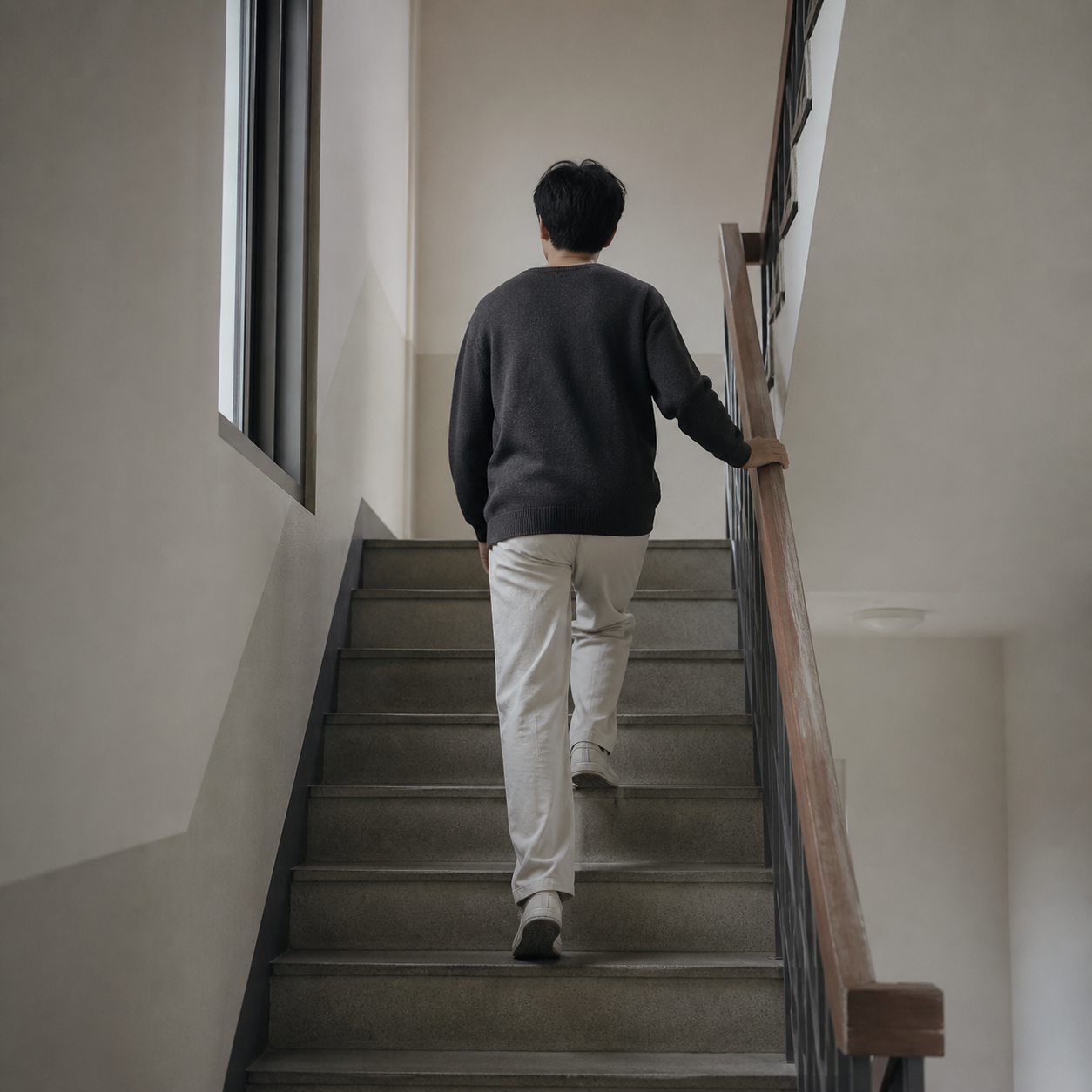 아파트 계단참에서 손잡이를 잡고 위층으로 올라가는 사람의 뒷모습
