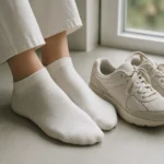 발목까지 오는 짧은 양말을 신은 발과 옆에 놓인 운동화를 가까이서 찍은 사진
