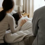 아이가 열이 나 누워 있고 부모가 옆에서 상태를 지켜보는 모습