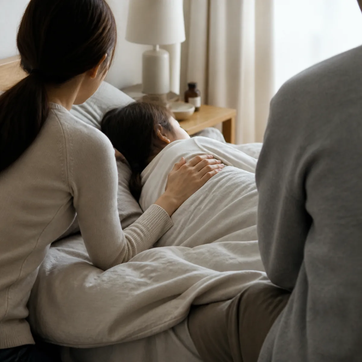 아이가 열이 나 누워 있고 부모가 옆에서 상태를 지켜보는 모습