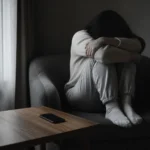 어두운 방 안에서 무릎을 감싸 안고 앉아 있는 사람과 그 옆 탁자에 놓인 휴대전화
