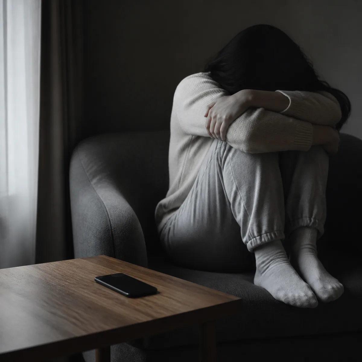 어두운 방 안에서 무릎을 감싸 안고 앉아 있는 사람과 그 옆 탁자에 놓인 휴대전화