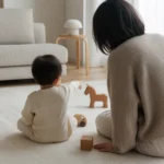 거실 매트에 앉은 18개월 아기가 장난감을 가리키고 보호자가 눈을 맞추며 이름을 말해 주는 장면