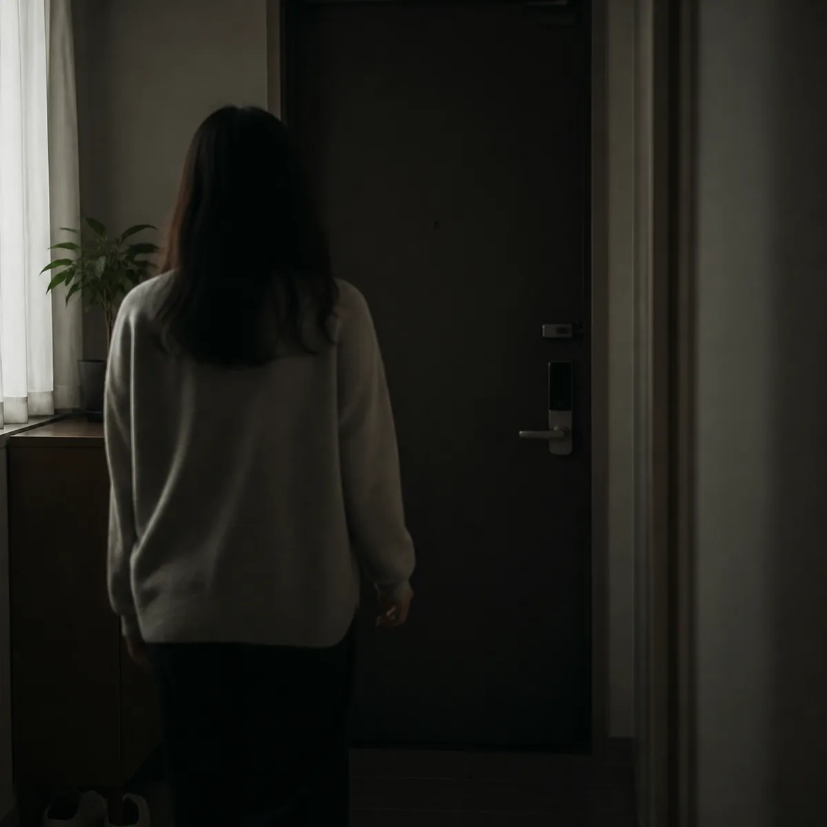 불 꺼진 방에서 현관문 손잡이를 확인하려고 다시 다가서는 사람의 뒷모습