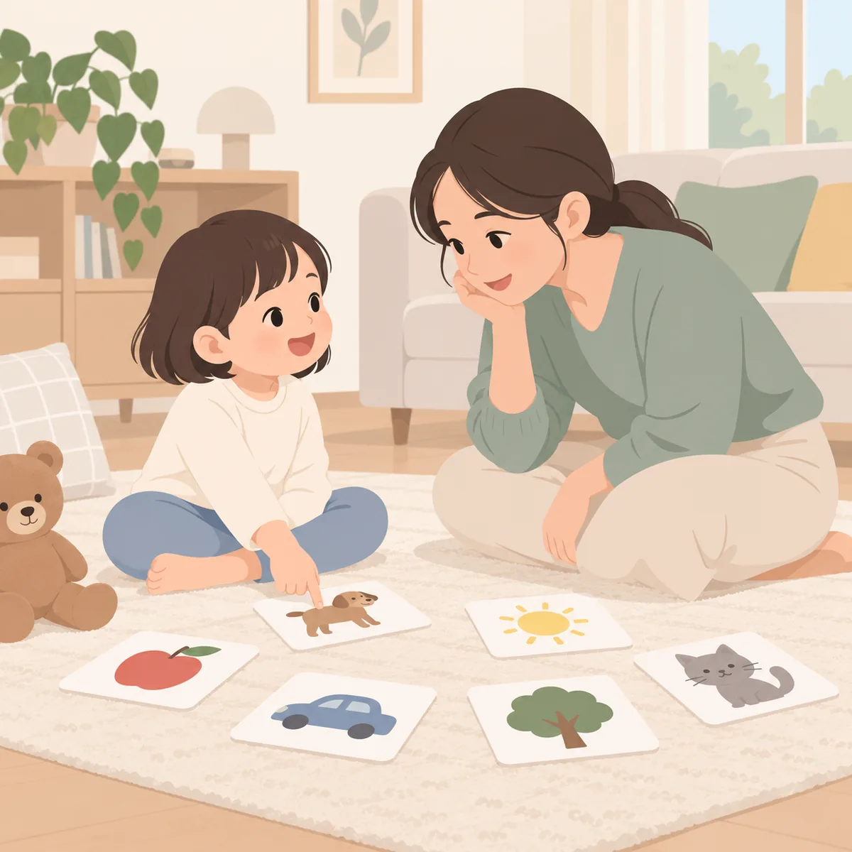 거실 바닥에 앉은 아이가 그림 카드를 가리키고 보호자가 눈높이를 맞춰 바라보는 장면