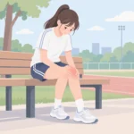 운동복 차림의 10대 학생이 벤치에 앉아 한쪽 무릎을 손으로 짚고 통증 부위를 확인하는 모습