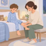 잠자리에 앉은 아이의 종아리를 부모가 양손으로 부드럽게 마사지해 주는 모습