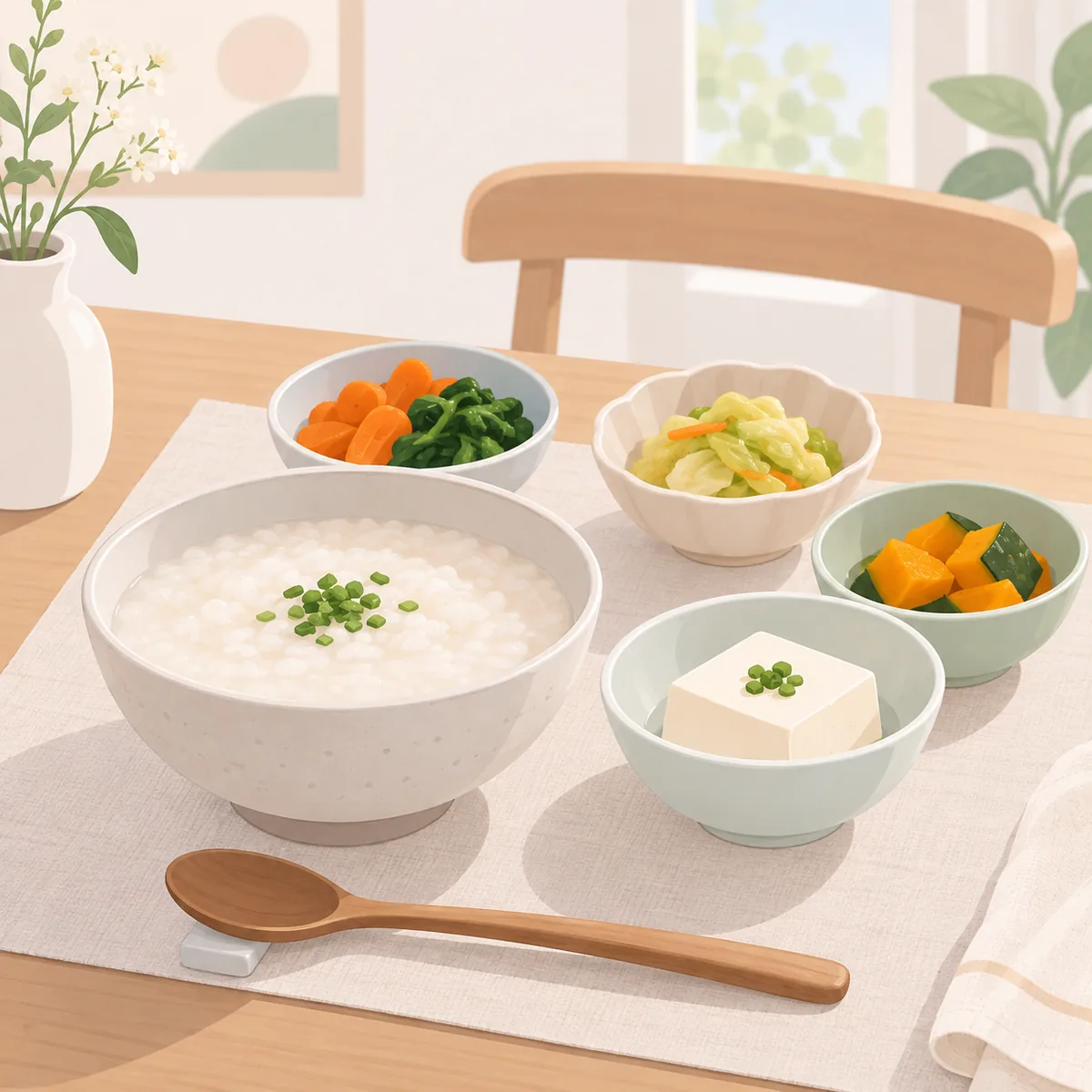 위암 수술 후 식사로 차린 부드러운 죽과 두부, 익힌 채소가 담긴 작은 그릇들이 놓인 식탁