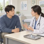 남성 환자가 진료실에서 의료진에게 예방접종 상담을 받는 장면