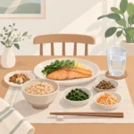 식탁 위에 연어 구이, 현미밥, 나물 반찬, 견과류 한 접시와 물컵이 함께 놓인 집밥 한 상