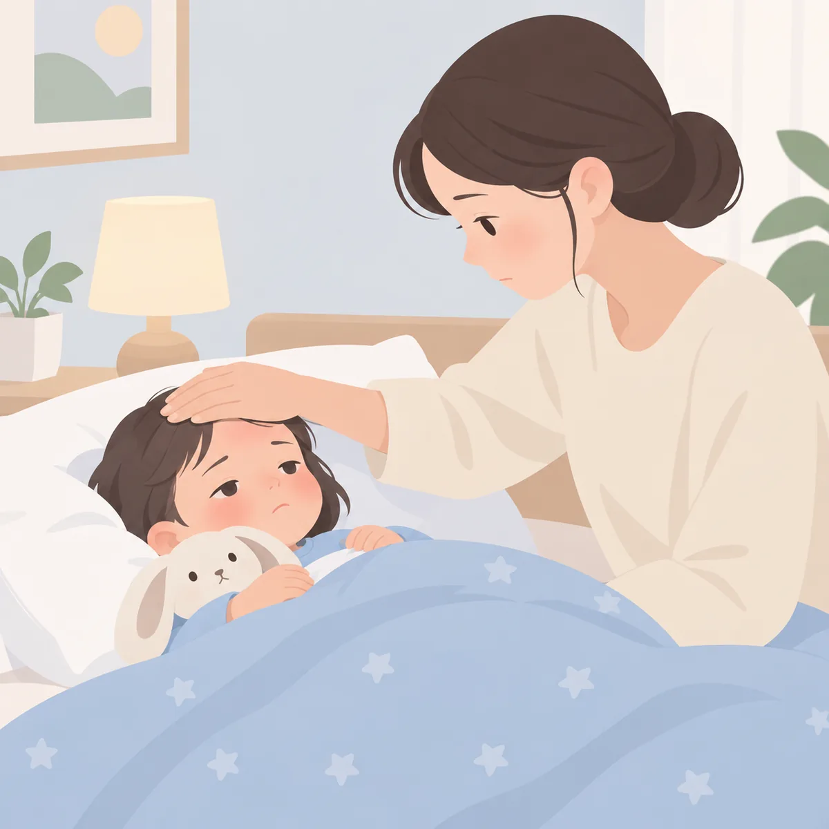열이 나 이불을 덮고 누운 아이의 이마를 보호자가 손으로 짚어 보는 장면