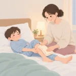 아이가 침대에 누워 종아리를 만지고 있고 옆에서 보호자가 따뜻한 수건을 다리에 올려주는 모습