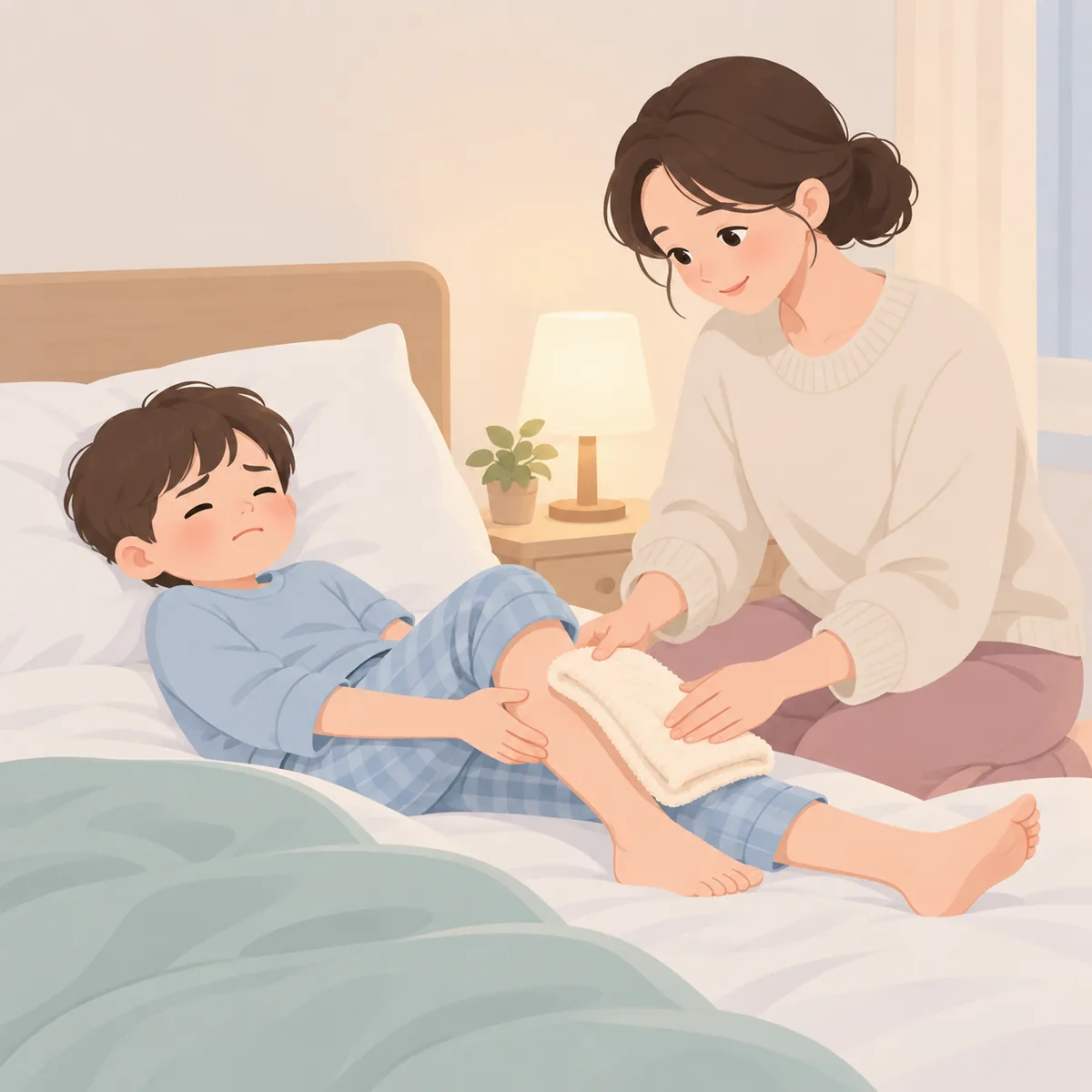 아이가 침대에 누워 종아리를 만지고 있고 옆에서 보호자가 따뜻한 수건을 다리에 올려주는 모습