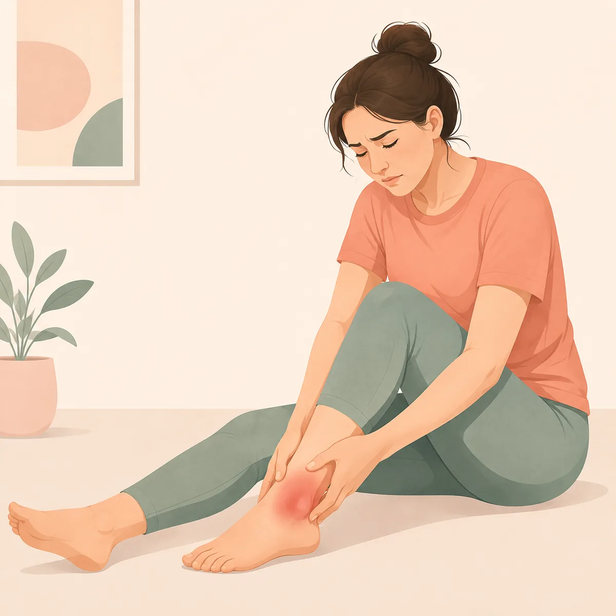 발목을 접질린 사람이 바닥에 앉아 부어오른 발목 바깥쪽을 손으로 감싸 쥐고 있는 모습