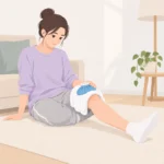 무릎에 얼음주머니를 수건으로 감싸 올려두고 다리를 뻗은 채 앉아 있는 모습