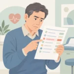 건강검진 결과지의 콜레스테롤 항목을 손가락으로 짚으며 들여다보는 중년 남성