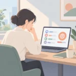 노트북 화면에 표시된 번아웃 자가 테스트 결과 화면을 바라보며 생각에 잠긴 직장인