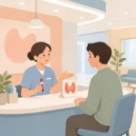 병원 접수 창구에서 갑상선 관련 혈액검사 안내를 받는 사람의 모습