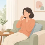 목을 만지며 헛기침하는 사람과 식후 소파에 기대 앉은 모습
