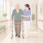 실내 복도에서 보행 보조기를 잡고 천천히 걷는 노년 환자와 옆에서 팔을 받쳐 주는 보호자