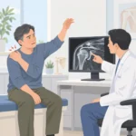 어깨 통증으로 팔을 들어 올리기 어려워하는 중년 남성이 진료실에서 어깨 MRI 영상을 의사와 함께 보고 있는 장면