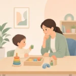 상담실 책상에서 치료사가 놀이 도구를 사이에 두고 유아의 반응을 관찰하는 장면