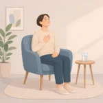 실내 의자에 앉아 가슴에 손을 얹고 숨을 고르는 사람과 옆 탁자에 놓인 물컵