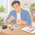 혈당측정기와 채혈침, 기록 노트가 놓인 책상 위에서 손가락 끝 혈당을 확인하는 중년 남성의 모습