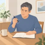 중년 남성이 식탁에서 펜을 들고 손 떨림을 살피며 수첩에 관찰 내용을 적는 모습