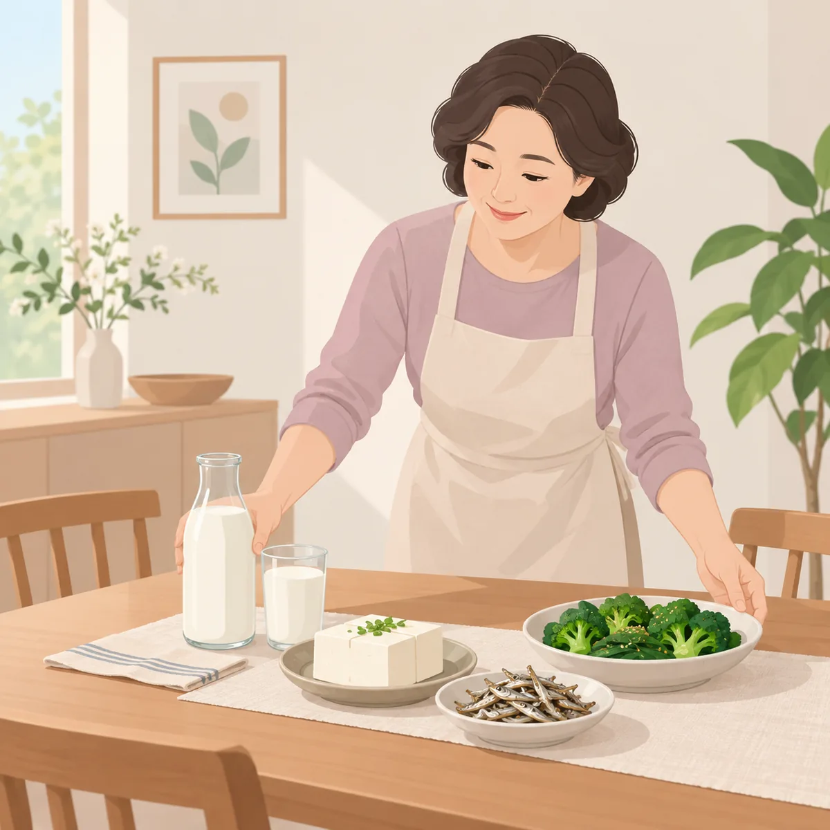 식탁 위에 놓인 우유와 두부, 멸치, 녹색 채소가 담긴 접시를 중년 여성이 정리하는 모습