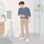 변기 앞에서 배변 후 불편한 표정으로 배를 만지며 서 있는 20대 남성