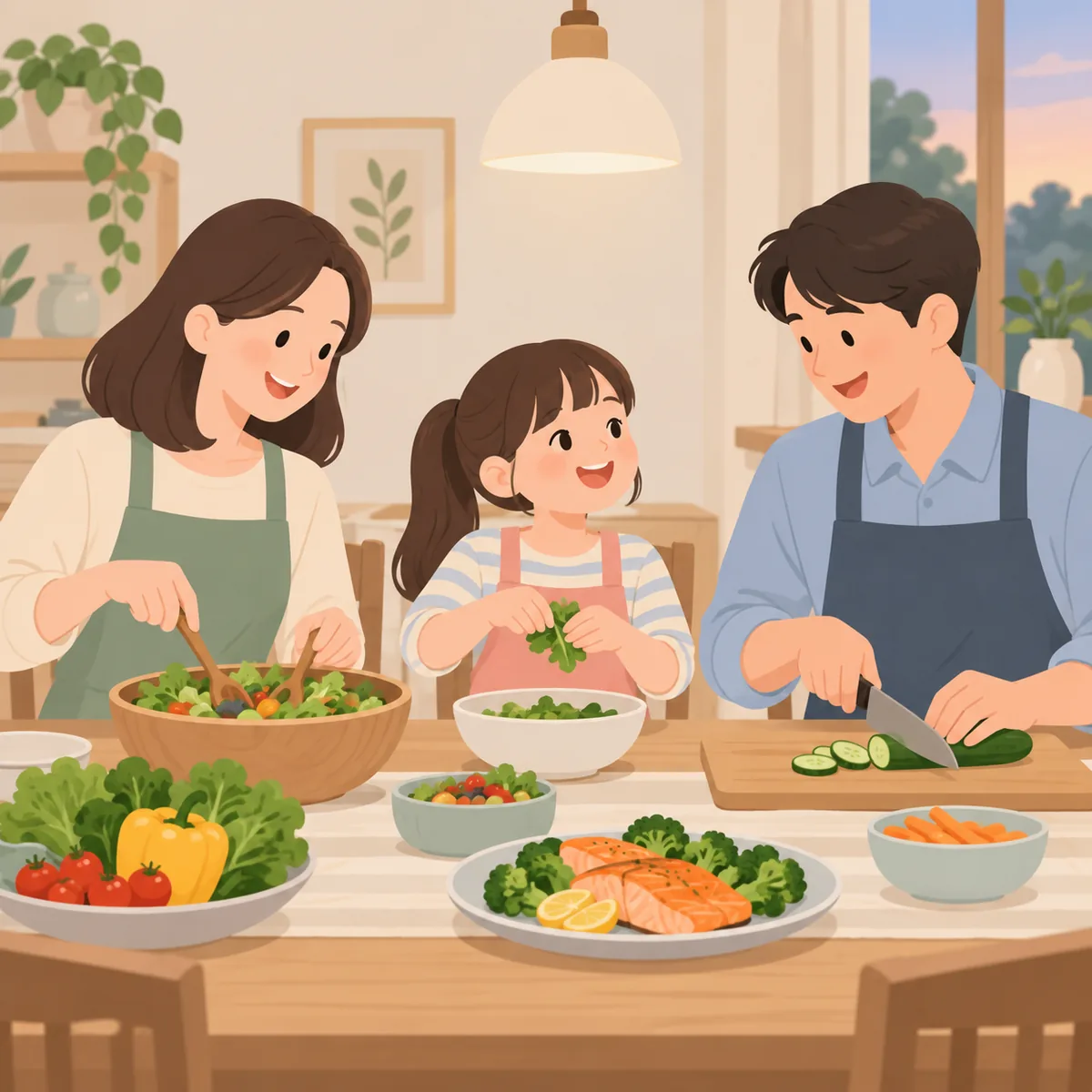 초등학생 아이와 부모가 식탁에 함께 앉아 저녁 식사를 준비하는 모습