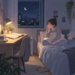 늦은 밤 책상 스탠드 아래 문제집을 펼쳐둔 채 침대에 앉아 잠들지 못하는 수험생의 방 풍경
