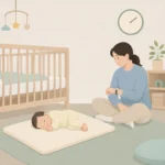 아기 침대 옆 매트에 아기를 옆으로 눕혀 놓고 보호자가 손을 대지 않은 채 시계를 보며 지켜보는 모습