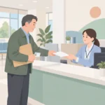보건소 상담 창구에서 신분증과 서류 봉투를 든 중년 남성이 담당자에게 신청 서류를 건네는 모습