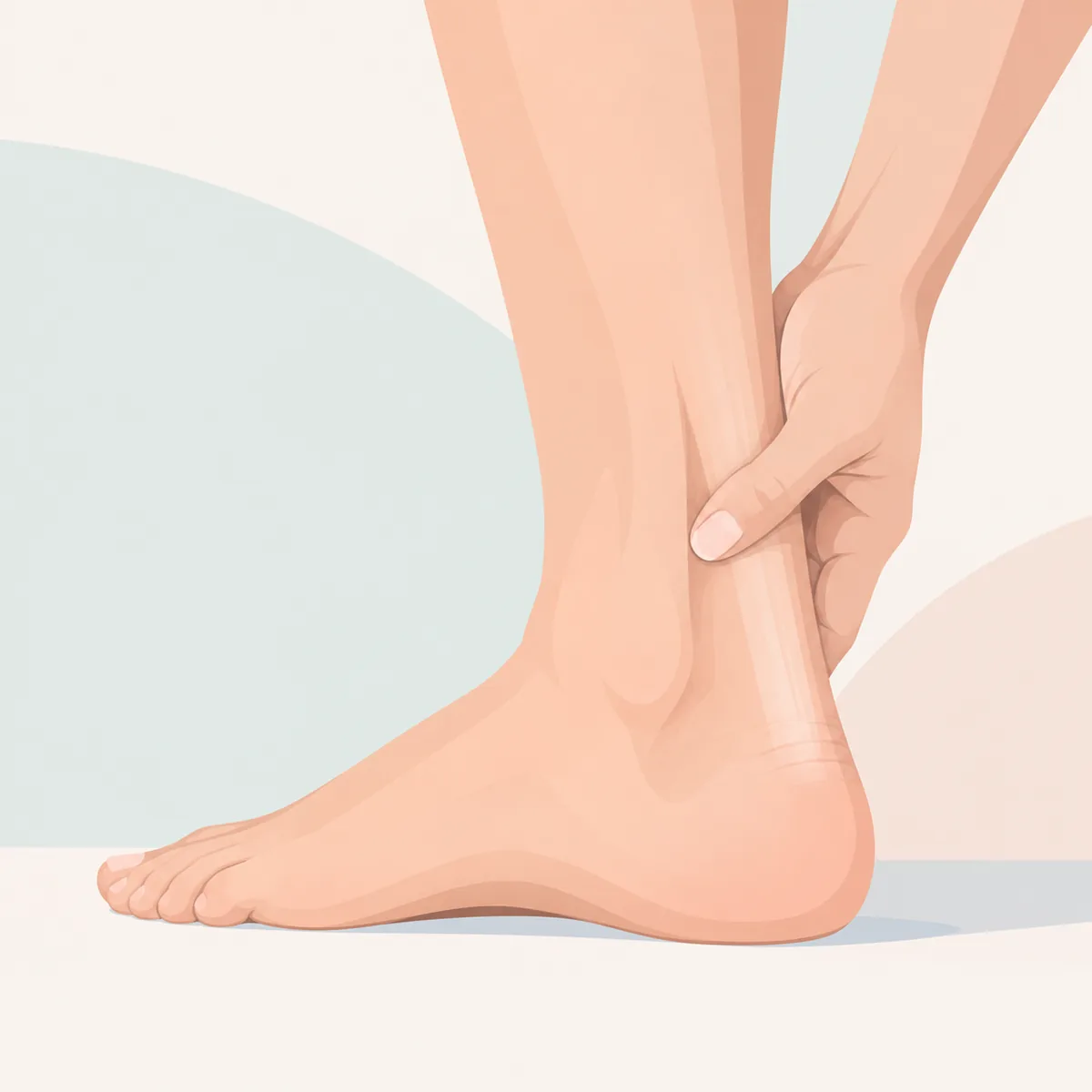 발뒤꿈치 위쪽 아킬레스건 부위를 손으로 감싸 쥔 사람의 다리 근접 사진